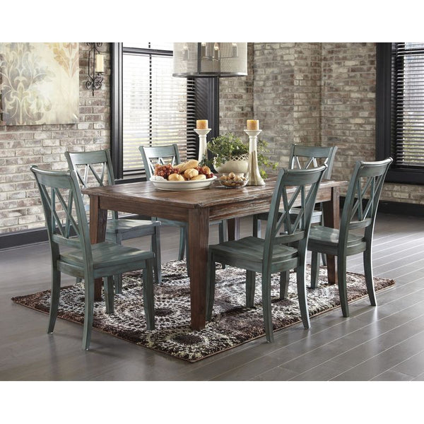 Mestler 7 Piece Brown Table, Blue Chair Dining Set