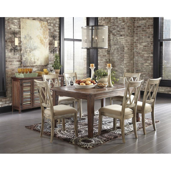 Mestler 7 Piece Brown Table, Tan Chair Dining Set with Server