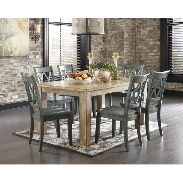 Mester 7 Piece Tan Table, Blue Chair Dining Set