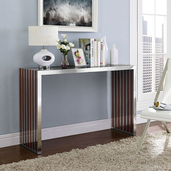 Gridiron Wood Inlay Console Table in Walnut