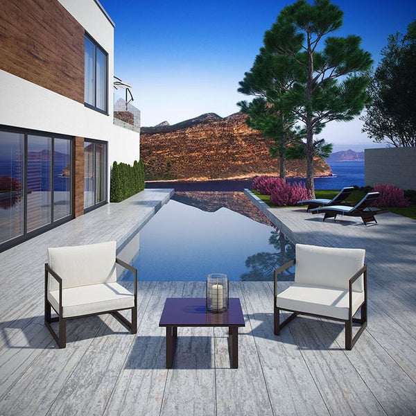 Fortuna 3 Piece Outdoor Patio Sectional Sofa Set in Brown White
