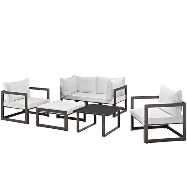 Fortuna 6 Piece Outdoor Patio Sectional Sofa Set in Brown White
