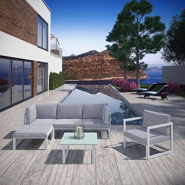 Fortuna 6 Piece Outdoor Patio Sectional Sofa Set in White Gray