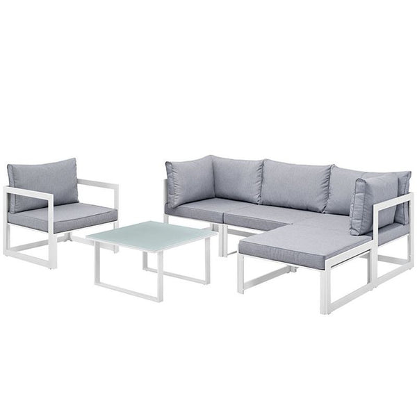 Fortuna 6 Piece Outdoor Patio Sectional Sofa Set in White Gray