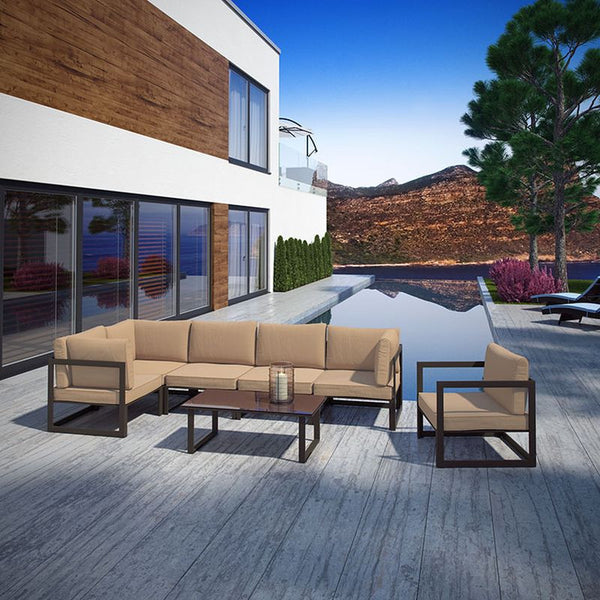 Fortuna 7 Piece Outdoor Patio Sectional Sofa Set in Brown Mocha