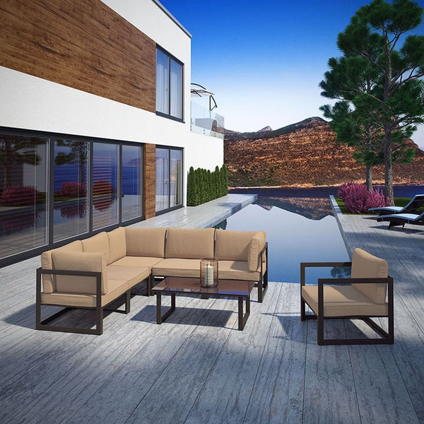 Fortuna 7 Piece Outdoor Patio Sectional Sofa Set in Brown Mocha