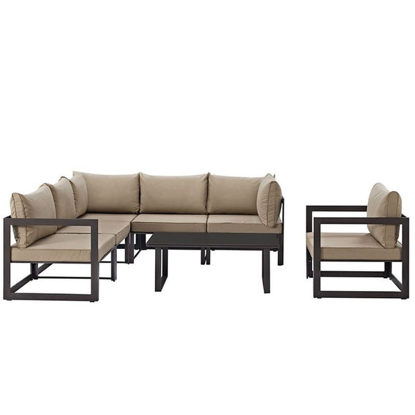 Fortuna 7 Piece Outdoor Patio Sectional Sofa Set in Brown Mocha