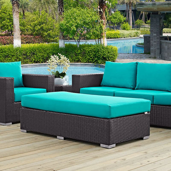 Convene Outdoor Patio Fabric Rectangle Ottoman in Espresso Turquoise