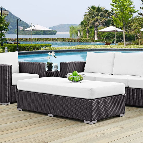 Convene Outdoor Patio Fabric Rectangle Ottoman in Espresso White