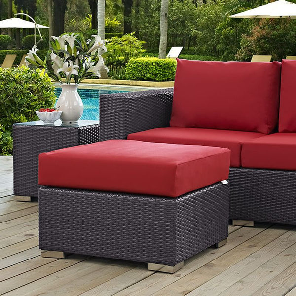 Convene Outdoor Patio Fabric Square Ottoman in Espresso Red