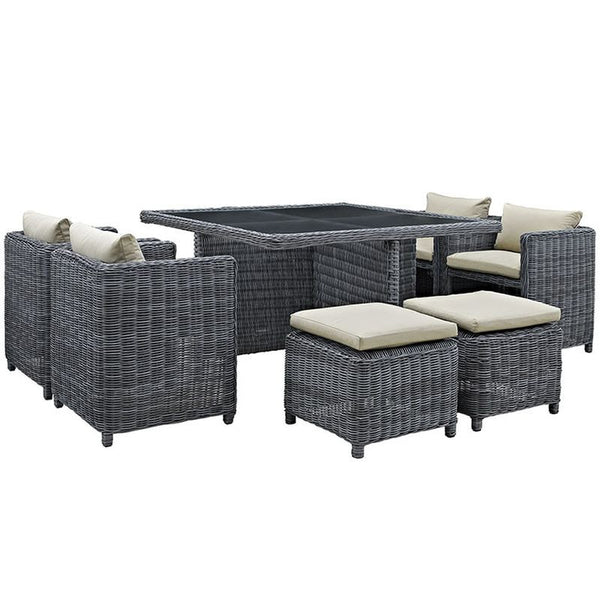 Summon 9 Piece Outdoor Patio Sunbrella® Dining Set in Antique Canvas Beige
