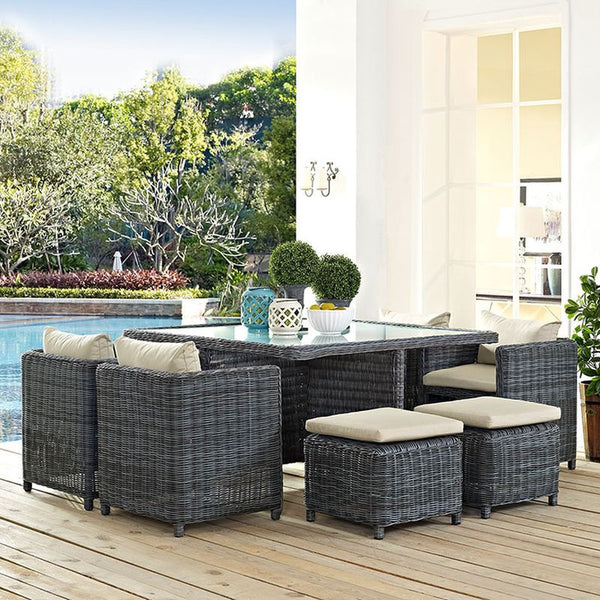 Summon 9 Piece Outdoor Patio Sunbrella® Dining Set in Antique Canvas Beige