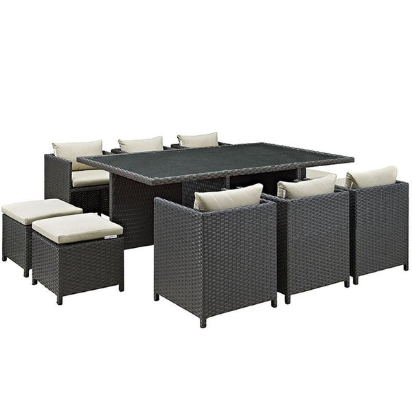 Sojourn 11 Piece Outdoor Patio Sunbrella® Dining Set in Antique Canvas Beige