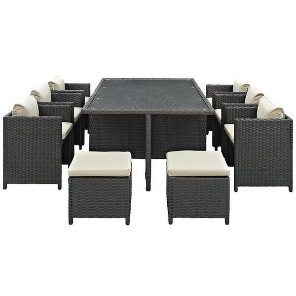 Sojourn 11 Piece Outdoor Patio Sunbrella® Dining Set in Antique Canvas Beige