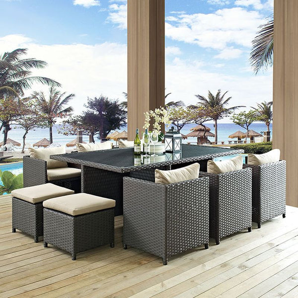 Sojourn 11 Piece Outdoor Patio Sunbrella® Dining Set in Antique Canvas Beige