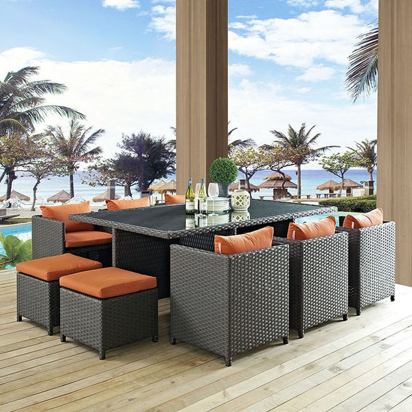Sojourn 11 Piece Outdoor Patio Sunbrella® Dining Set in Canvas Tuscan
