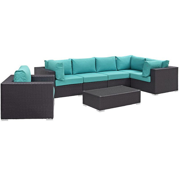 Convene 7 Piece Outdoor Patio Sectional Set in Espresso Turquoise