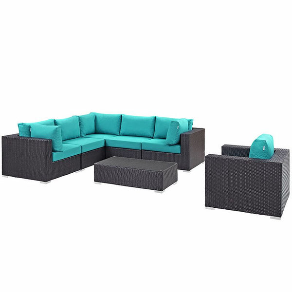 Convene 7 Piece Outdoor Patio Sectional Set in Espresso Turquoise
