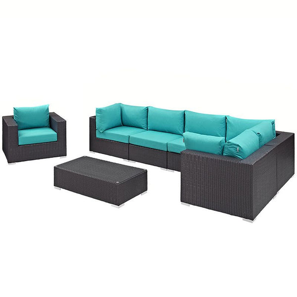 Convene 7 Piece Outdoor Patio Sectional Set in Espresso Turquoise
