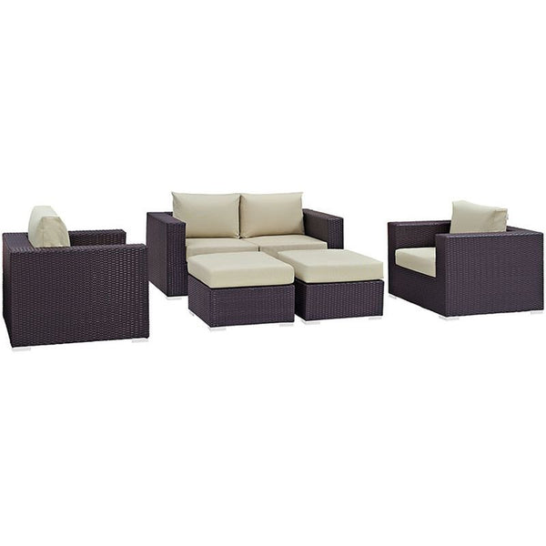 Convene 5 Piece Outdoor Patio Sofa Set in Espresso Beige