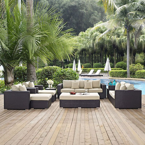 Convene 9 Piece Outdoor Patio Sofa Set in Espresso Beige