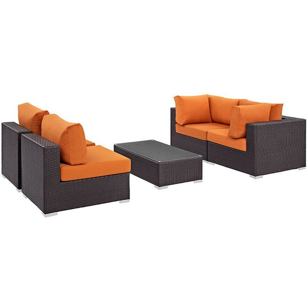 Convene 5 Piece Outdoor Patio Sectional Set in Espresso Orange
