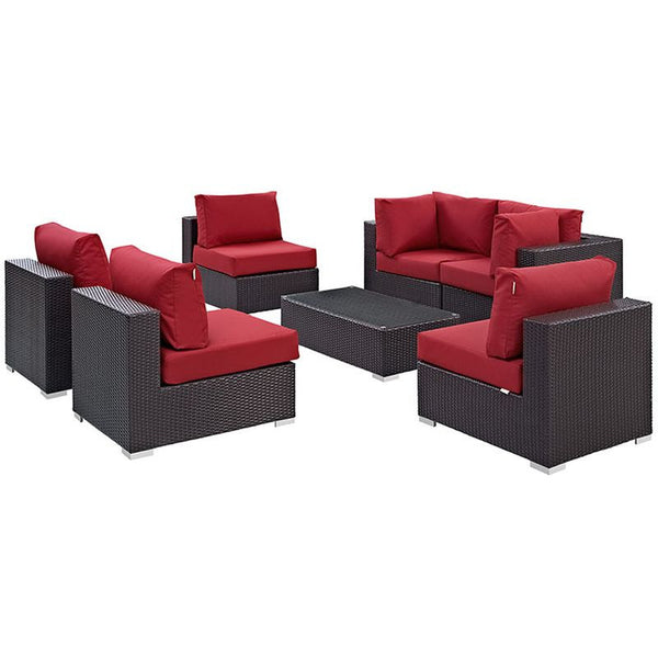 Convene 7 Piece Outdoor Patio Sectional Set in Espresso Red
