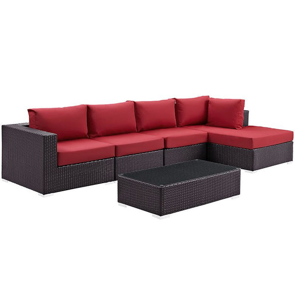 Convene 5 Piece Outdoor Patio Sectional Set in Espresso Red