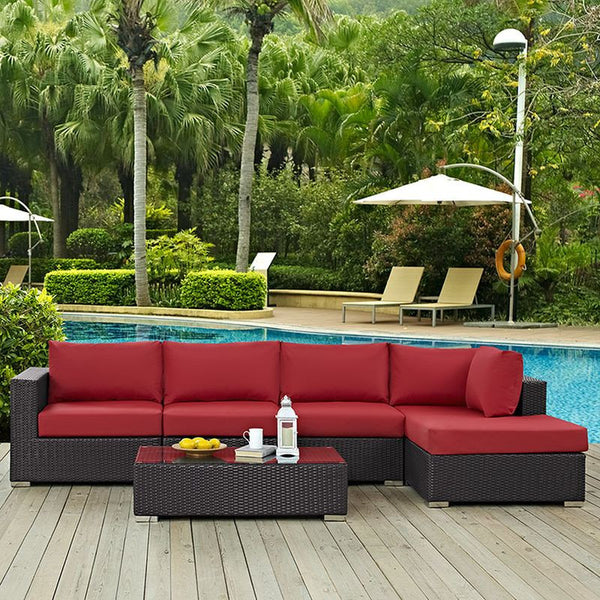 Convene 5 Piece Outdoor Patio Sectional Set in Espresso Red