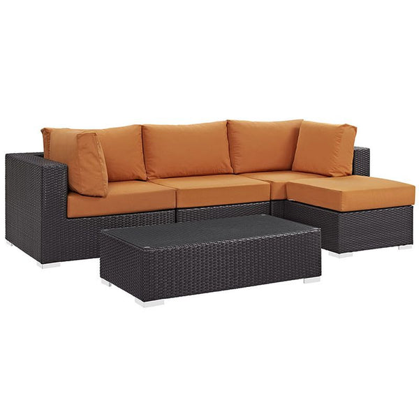 Convene 5 Piece Outdoor Patio Sectional Set in Espresso Orange
