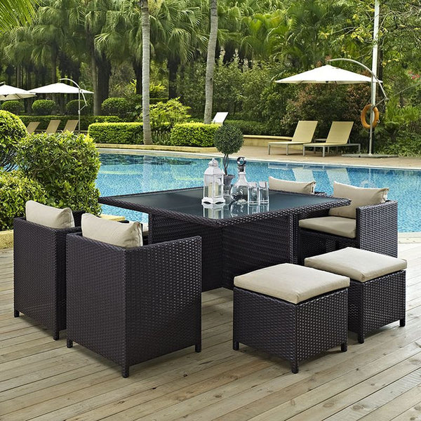 Inverse 9 Piece Outdoor Patio Dining Set in Espresso Beige